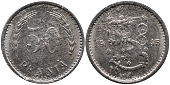 ФИНЛЯНДИЯ 50 ПЕННИ 1945 S KM 26b железо 4387-517