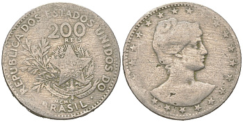 Бразилия 200 реалов 1901 MCMI, голова свободы вправо KM 504 медно-никель 4612-411