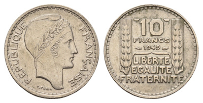 Франция 10 франков 1949 KM 909.1, Le Franc 362.6 медно-никель 3856-511