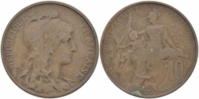 ФРАНЦИЯ 10 САНТИМОВ 1900 ТИП ДАНИЭЛЬ ДЮПЮИ KM 843, LA FRANC 136.9 бронза 109-141