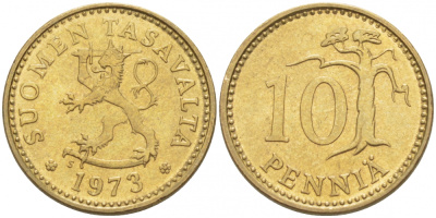ФИНЛЯНДИЯ 10 ПЕННИ 1973 S KM 46 алюминиевая бронза UNC 3718-127