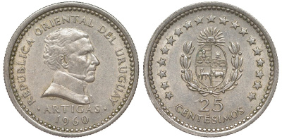 Уругвай 25 сентесимо 1960 KM 40 медно-никель 4576-255