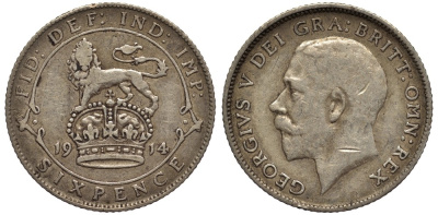 Великобритания 6 пенсов 1914 Георг V (1910-1936) KM 815, Spink 4014 серебро 4538-1241