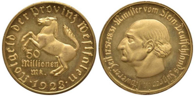 ВЕСТФАЛИЯ 50000000 МАРОК 1923 НОТГЕЛЬД, ВЕЙМАРСКАЯ РЕСПУБЛИКА, МИНИСТР ФИНАНСОВ ШТЕЙН Jn 23a желтый металл UNC 1081-9-61