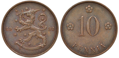 Финляндия 10 пенни 1938 KM 24 медь 51-3043