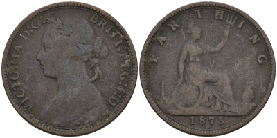 Великобритания 1 фартинг 1875 Виктория (1837-1901) KM 753, Spink 3958 бронза 4596-932