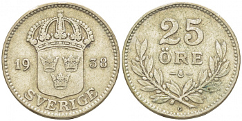 Швеция 25 эре 1938 G, Густав V (1907-1950) KM 785 серебро 3309-839