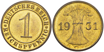 ГЕРМАНИЯ 1 РЕЙХСПФЕННИГ 1931 G KM 37, J. 313, Weege 2 бронза 206-833
