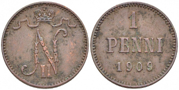 Россия для Финляндии 1 пенни 1909 Николай II (1894-1917) KM 13, Биткин 470 медь 4396-1313