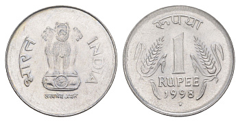 Индия 1 рупия 1998 круг - монетный двор Ноида KM 92.2 нержавеющая сталь UNC 4514-855