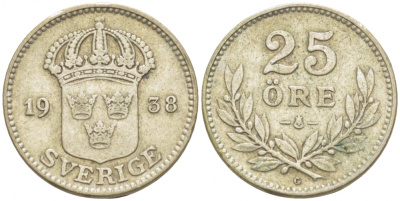 Швеция 25 эре 1938 G, Густав V (1907-1950) KM 785 серебро 3309-839