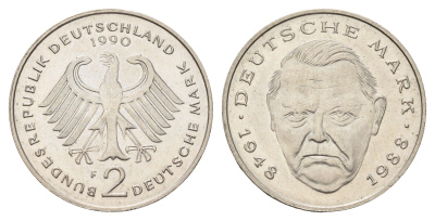 ФРГ 2 марки 1990 F, Людвиг Эрхард, 40 лет Федеративной Республике (1948-1988) KM 170, J. 445 медно-никель UNC 3459-1017