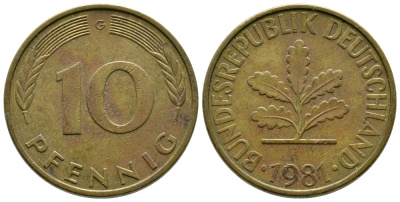 ФРГ 10 ПФЕННИГОВ 1981 G KM 108, J. 383 сталь плакированная латунью 41-1025