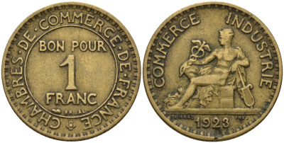 Франция 1 франк 1923 KM 876, Le Franc 218.5 алюминиевая бронза 4142-716