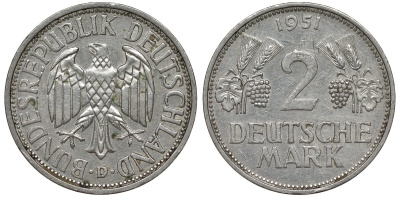 ФРГ 2 марки 1951 D J 386, KM 111 медно-никель плакированный никелем 4681-633