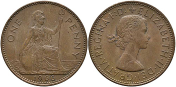 Великобритания 1 пенни 1966 Елизавета II (1952-2022) КМ 897, Spink 4157 бронза 115-445