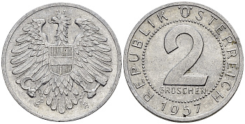 Австрия 2 гроша 1957 KM 2876 алюминий 4548-934
