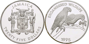 Ямайка 25 долларов 1995 ФОНД ЗАЩИТЫ ОКРУЖАЮЩЕЙ СРЕДЫ, ПОПУГАИ АМАЗОНКИ (AMAZON PARROTS) KM 174 серебро  PROOF  00-000-00