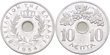 Греция 10 лепта 1954 Павел I (1947-1964), виноградная лоза KM 78 алюминий 93-356