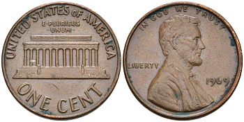США 1 цент 1969 Линкольн KM 201 медь цинк 4564-448