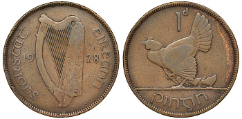 Ирландия 1 пенни 1928 курица с цыплятами KM 3 бронза 4123-1213