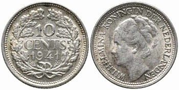 Нидерланды 10 центов 1941 Вильгельмина I (1890-1948) КМ 163 серебро 112-451