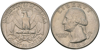 США 25 центов = квотер 1983 P, Вашингтон KM 164a медь плакированная медно-никелем 4595-125