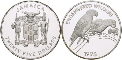 Ямайка 25 долларов 1995 ФОНД ЗАЩИТЫ ОКРУЖАЮЩЕЙ СРЕДЫ, ПОПУГАИ АМАЗОНКИ (AMAZON PARROTS) KM 174 серебро  PROOF  00-000-00