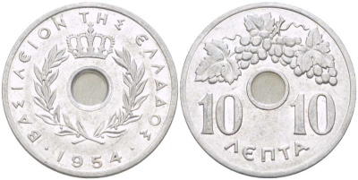 Греция 10 лепта 1954 Павел I (1947-1964), виноградная лоза KM 78 алюминий 93-356