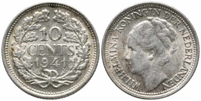 Нидерланды 10 центов 1941 Вильгельмина I (1890-1948) КМ 163 серебро 112-451