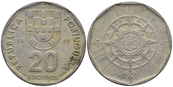 ПОРТУГАЛИЯ 20 ЭСКУДО 1987 INCM KM 634.1 медно-никель 38-333