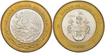 Мексика 100 песо 2004 180 лет Федерации - Халиско KM 750 биметалл, серебро BU 00-1067-8-14