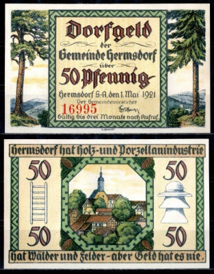 Хермсдорф (Тюрингия) 50 пфеннигов 1921 DeNG 1/2 600.1 2/4 бумага UNC (пресс) 7555-18-1-2