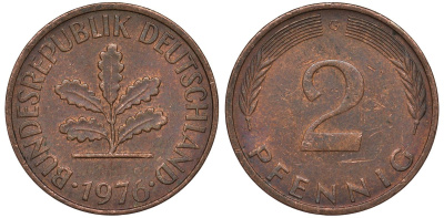ФРГ 2 пфеннига 1976 G KM 106а сталь плакированная медью 4122-411
