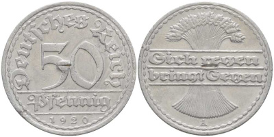 ГЕРМАНИЯ 50 ПФЕННИГОВ 1920 А KM 27, J. 301 алюминий 202-335
