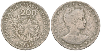 Бразилия 200 реалов 1901 MCMI, голова свободы вправо KM 504 медно-никель 4612-414