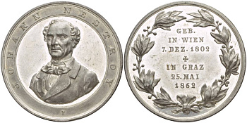 Англия медаль 1862 Иоганн Нестрой (1801-1862), 25,55 гр. Диаметр 45,0 мм цинк aUNC 1088-5-13
