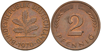 ФРГ 2 пфеннига 1970 J J.381a, KM 106a сталь плакированная медью    4598-763