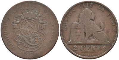 Бельгия 2 сантима 1871 Belges KM 35.1 медь 4595-214