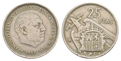 Испания 25 песет 1957 (58) Франциско Франко (1939-1975) KM 787 медно-никель 4650-127