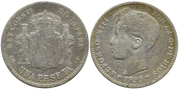 Испания 1 песета 1899 (99) SG-V, Альфонсо XIII (1886-1931) KM 706 (Y88) серебро 443-544