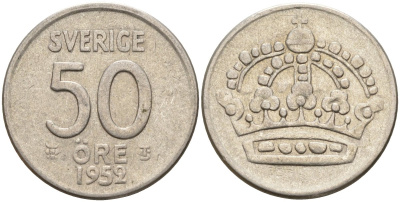 Швеция 50 эре 1952 TS, Густав VI Адольф (1950-1973) KM 825 серебро 4148-915