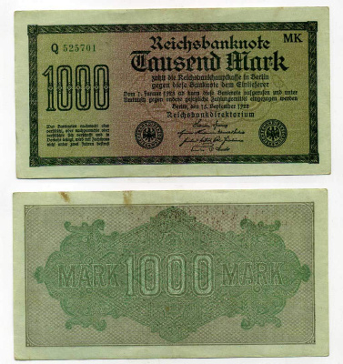 ГЕРМАНИЯ 1000 МАРОК 1922 15 СЕНТЯБРЯ 1922, ВОДЯНОЙ ЗНАК К, ЗЕЛЁНАЯ БУМАГА Pick 76h бумага 6283-51-2
