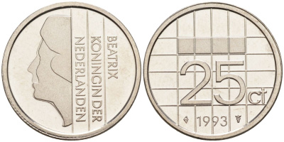 Нидерланды 25 центов 1993 Беатрикс (1980-2013) KM 204 никель UNC 4588-924
