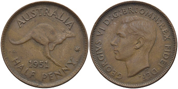 Австралия 1/2 пенни 1951 p, Георг VI (1936-1952), кенгуру, с точкой KM 42 бронза 97-911