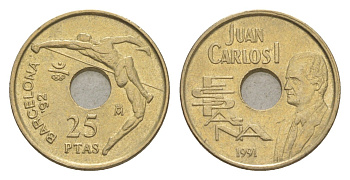 Испания 25 песет 1991 XXV летние Олимпийские Игры, Барселона 1992, Король Хуан Карлос I KM 851 алюминиевая бронза 4623-1258