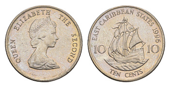 Восточные Карибы (Восточно-Карибские штаты) 10 центов 1996 Елизавета II (1952-2022), парусник KM 13 медно-никель UNC 4651-466