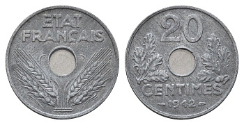 Франция 20 сантимов 1942 KM 900 цинк 3856-152