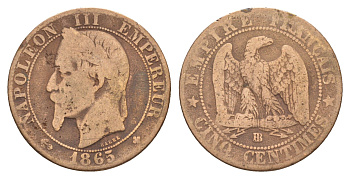 Франция 5 сантимов 1865 BB, Наполеон III (1852-1870) KM 797.2, Le Franc 117/115 бронза 4657-542