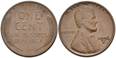 США 1 цент 1956 D, Линкольн KM А132 медь цинк 4564-257